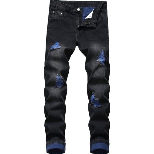 Mens Straight Slim-fit Ripped Jeans Hot Sale Color Ripped Yarn Mens Denim Trousers