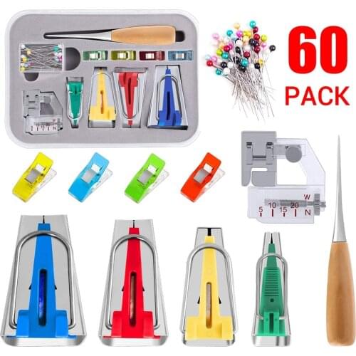 60Pcs Practical Bias Tape Maker Set With Adjustable Binder Foot Clips Pins Wooden Sewing Awl Easy Use DIY Sewing Quilting Tools