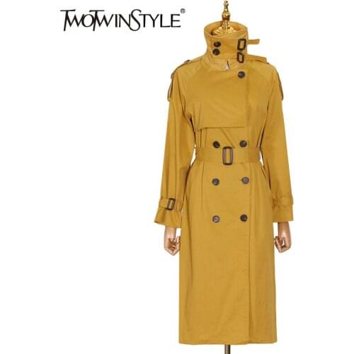 TWOTWINSTYLE Casual Double Breasted Windbreaker For Women Lapel Long Sleeve Sashes Korean Windbreakers Female Fashionable New