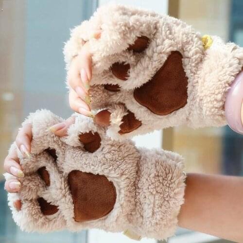 Women Cute Cat Claw Paw Plush Mittens Warm Soft Plush Short Fingerless Fluffy Bear Cat Gloves Costume Half Finger Black Beige