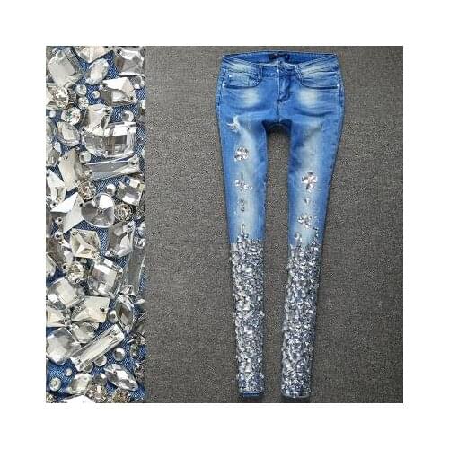 New Arrival Diamond Crystal Beading skinny Vintage pencil Jeans Plus Size