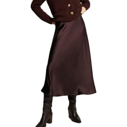 2020 New Hot Women Luxury Mid-calf Long Soft Smooth Silk Satin Skirts Office Lady Hight Waist Glossy Silver Wine Red Party Skirt