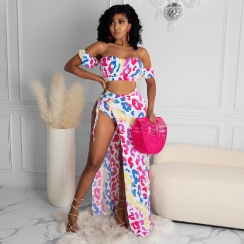 2020 New Arrival Famous Brand 3 pcs Women Set Print Off Shoulder Short Tops and Shorts Maxi Dress Summer Beach Outfits