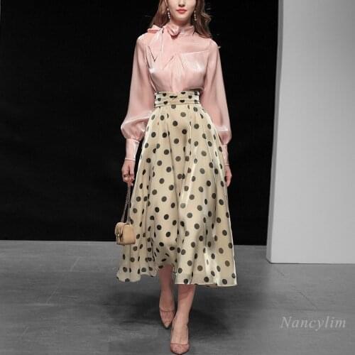 Skirts Sets Women New Bow Tie Collar Long Sleeve Temperament Satin Top + Long Polka-Dot Skirt Ladies Two Piece Suit Vestidos