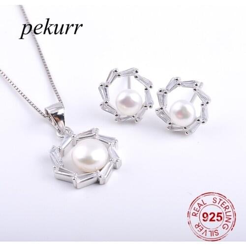 Pekurr 925 Sterling Silver Connected Crystal Pillar Hoop Natural Pearl Earrings Necklace Sets For Women Round Pendants Jewelry