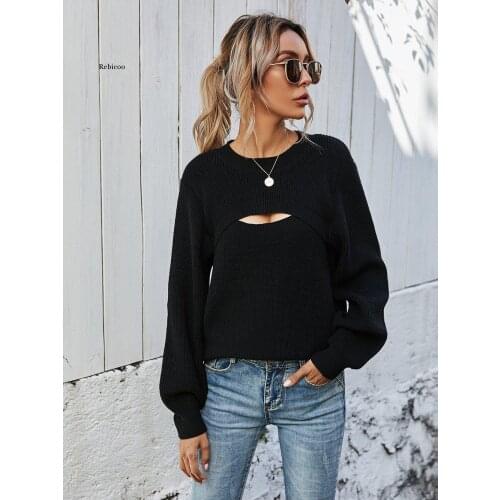 Vintage Solid Color Hole Knitted Sweaters Women Long Sleeve Cut-Out Soft Pullovers Winter Black Stretch Jumpers