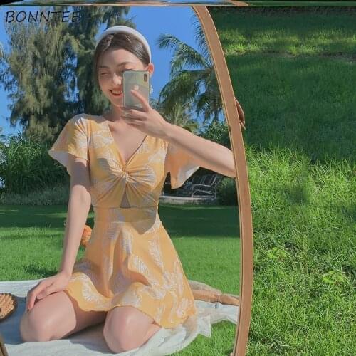 Women Cover-up Hollow Out Print Criss-cross Design Summer Swimwear Preppy Girls V-neck High Waist Sexy Ladies Ins Hot Sales New