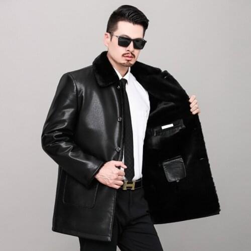 Winter middle aged and old Haining integrated fur coat mens Plush thickened leather jacket fathers dress