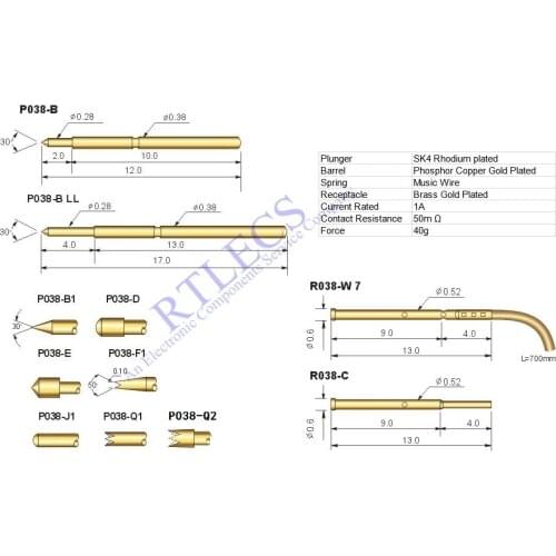 100Pcs 0.8 MM Pitch Spring Test Probe P038 Bare PCB Pin Gold Plated Barrel Dia 0.38MM R038 Socket Receptacle Tip Style