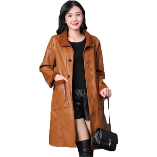2021 Mom Winter Warm Long Faux Leather Jacket Women New Plus Size Loose Casual Top Korean Black Khaki Fashion Leather Coat N1224