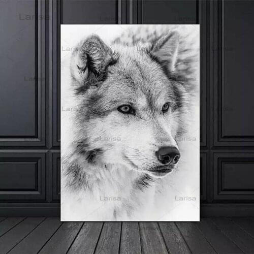 Modern Minimalism Style Black And White Cool Wolf Poster Animal Canvas Painting Prints Wall Pictures For Living Room Decor