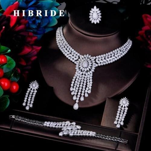 HIBRIDE Luxury Tassel Pendant Full CZ Pave Big Dubai Jewelry Sets For Women Bridal Wedding Accessories Jewelry N-763