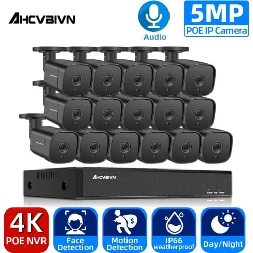 H.265 16CH 4K NVR 5MP Ultra HD POE Security Camera System Audio Sound Record Outdoor IP Camera CCTV Video Surveillance NVR Set