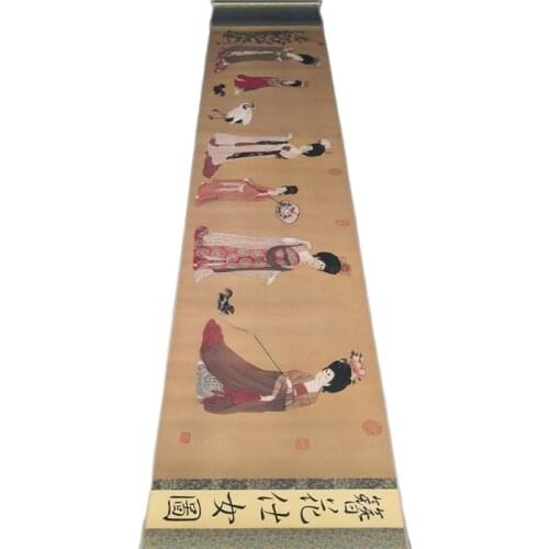 China Old Picture Paper Hairpin Flower Ladies Picture Long Scroll Painting