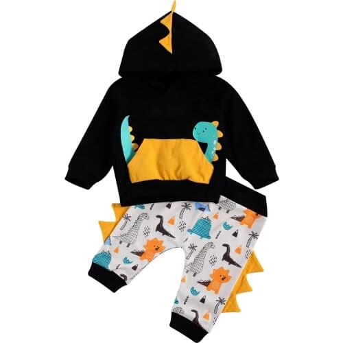 Newborn Baby Cartoon Dinosaur Print Two-pieces Suit Hooded Top + Pants Trousers Fashion Spring Fall Clothes Set for Infant 0-24M