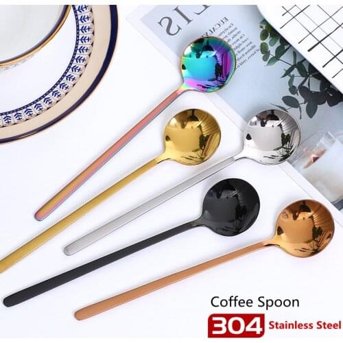 Kitchen Dessert Spoon Long Handle Round Spoon 304 Stainless Steel Coffee Milk Spoon Coffee Snacks Fruit Dessert Spoon