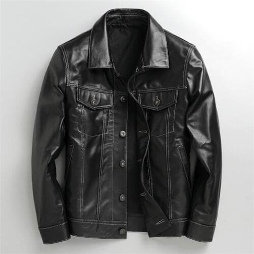 Spring and Autumn Mens Genuine Sheepskin Leather Jacket Black Motorcycle Fashion Slim Casual Leather Jacket Coat Plus Size 4XL