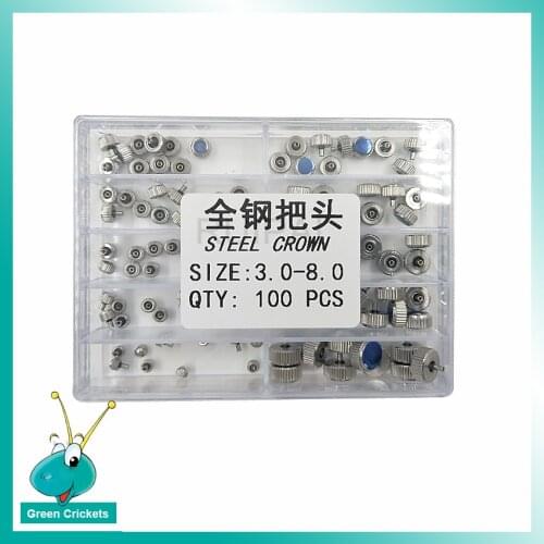 Wholesale 100pcs/Box Assort Size 3mm~8mm Titanium Full Steel Watch Crown Repalcement Parts Kit for Watchmakers
