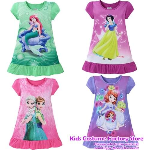 Disney New Summer Dress Princess Anna Elsa Mermaid Pattern Girls Nightgowns Kids Party Dresses Sleepwear Children Girls Nightie