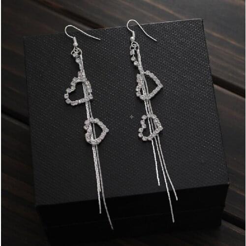 New High Quality Crystal Rhinestone Double Heart Pendant Drop Earrings Korean Loving Long Tassel Earrings 2021 Women Jewelry