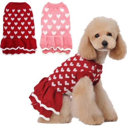 Pet Clothes Dogs Autumn And Winter Warm Sweater Dress Puppy Love Pattern Small Lace Sweaters Skirt Clothing Pet Pullover Outfit