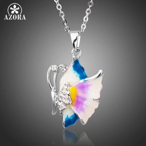 AZORA New Arrival Oil Painting Pattern Clear Austria Rhinestone Butterfly White Gold Color Pendant Necklace TN0184