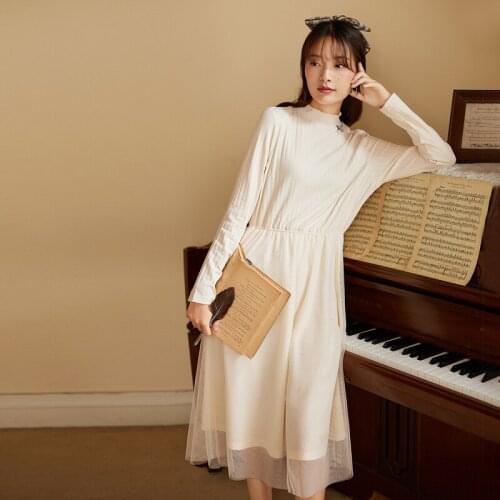 INMAN Autumn Winter Womens Knitted White Dress Half High Neck Long Sleeve Waist Waist Bow Mesh Elegant One Piece