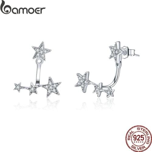 BAMOER Authentic 925 Sterling Silver Clear CZ Luminous Ear Jackets Earrings for Women Silver 925 Women Girl Gifts Jewelry SCE448