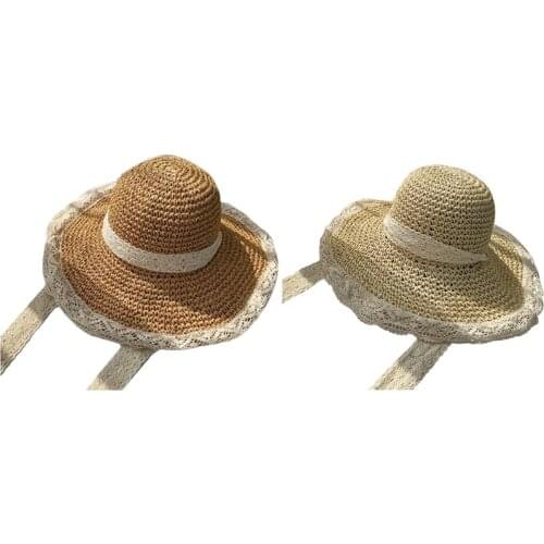 Women Men Summer Woven Straw Sun Hat Flat Wide Brim Lace Bohemian Outdoor Sunscreen Adjustable Panama Boater Beach Cap 066F