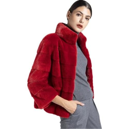 TOPFUR 2019 Bright Red Coat Short Leather Jacket Plus Size Winter Coat Women Real Fur Coat Women Nine Quarter Sleeves Mink Fur