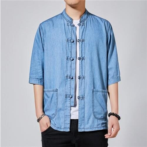 Traditional Chinese Clothing For Men Denim Blouse Hanfu Men Vintage Tang Suit Jeans T Shirt Kung Fu Shirts Tee Tops KK3505