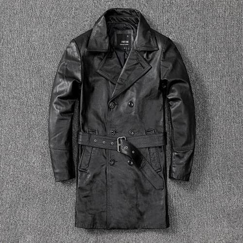 Autumn Winter Chic Mens Genuine leather Belt Trench coat High quality cow leather overcoat C682