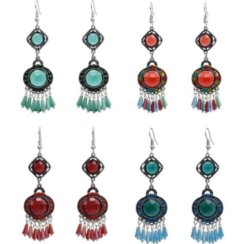 Turkish Boho Vintage Color long Tassel Crystal Drop Jhumka Resin Bead Earring Statement for Women India Tribal Jewelry Brincos