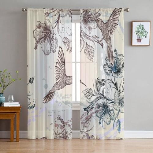 Hummingbird Hibiscus Tulle Curtains For Living Room Bedroom Voile Curtain Home Decoration Sheer Balcony Door Curtain