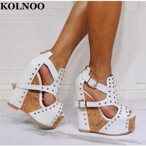 Kolnoo New Handmade Ladies Wedges Heels Sandals Real Photos Rivets Spikes Sexy Party Prom Shoes Clasic Fashion White Large Shoes