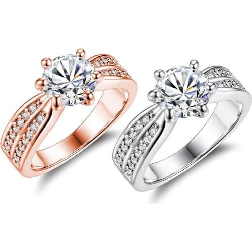 Womens Rings New Fashion Six-Claw Round Zircon Couple Ring Multi-Drill Silver And Rose Gold Ring Hot Sale 2019