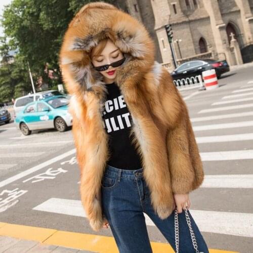 Women real red fox fur coats warm jackets luxurious female full leather overcoat short style hooded outerwear
