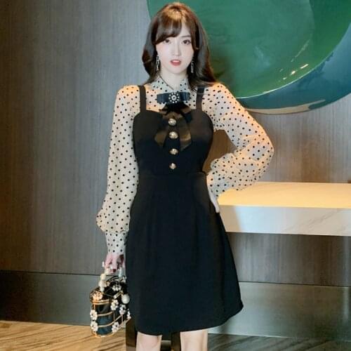 Spring autumn fashion 2 pieces women sets perspective dot sexy shirt and strap mini a-line dress fresh elegant cute women sets