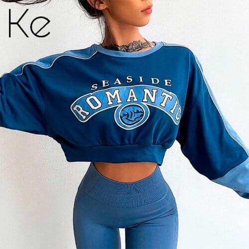 KE European wind loose short outer wear sweater sexy navel long-sleeved letters dancing running sports top women