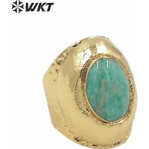 WT-R322 Natural Amazonite Stone Jewelry Oval Shape Stone With Gold Metal Plated Women Fashion Ring Bohomia Gift For Female