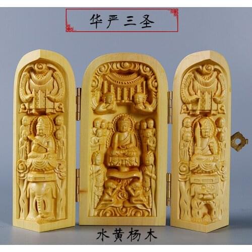 Buddhism sacred holy # home TOP efficacious Talisman Protection Lotus Sam Buddha Guanyin Sculpture Wood carving ART statue