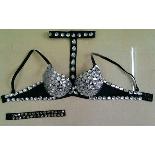 Eye-catching Luxury Rhinestone Sequined Punk Style Bra Lingerie Halter Push Up Bralette Tops Party Dance Wear Clubwear For Women