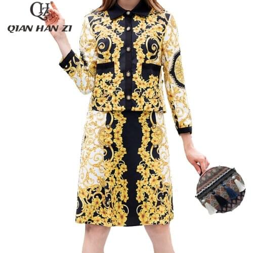 Qian Han Zi autumn spring long Sleeve jacket coat women outwears print Retro skirts suit women 2 pieces sets women suits