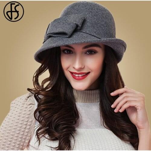 FS Elegant Bowknot Ladies Wool Felt Bowler Black Red Fedora Hats For Women Wide Brim Vintage Floppy Winter Church Cloche Hats