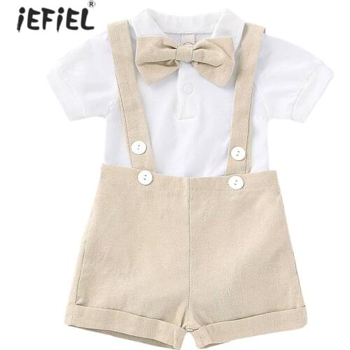 Infant Baby Boy Clothing Sets Newborn Boy Shorts Sleeve Bow Tie Romper Tops+Suspender Pants 2PCS Outfits Summer Bebes Clothing