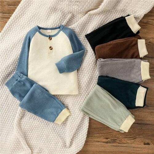 Toddler Baby Boys Girls Spring Fall Winter Waffle Outfits Long Sleeve T-shirt+Long Pants Set Two Piece Casual Clothes