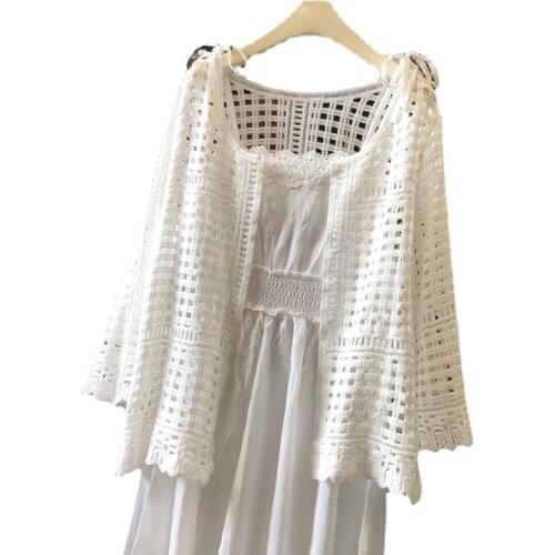 Lace Hollow Out Knitted Women Cardigan Summer New 2021 Flare Sleeved White Loose Elegant Female Outwear Coats Tops