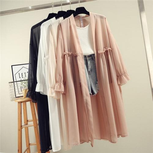 Geskeey Bohemian Summer Beach Wear Long Kimono Cardigan Solid Chiffon Tunic Women New Cozy Tops Blouse Shirt Sarong Plage