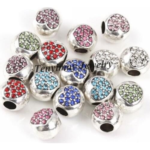Fashion Heart Shape Rhinestone Big Hole Beads For Snake Chain Bracelet DIY 50pcs Wholesale