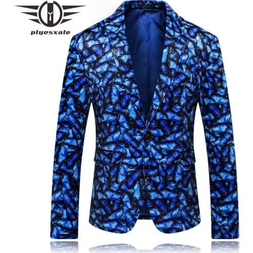 Plyesxale High Quality Mens Christmas Blazer Yellow Royal Blue Butterfly Pattern Slim Fit Casual Blazer Jacket Prom Wear Q49